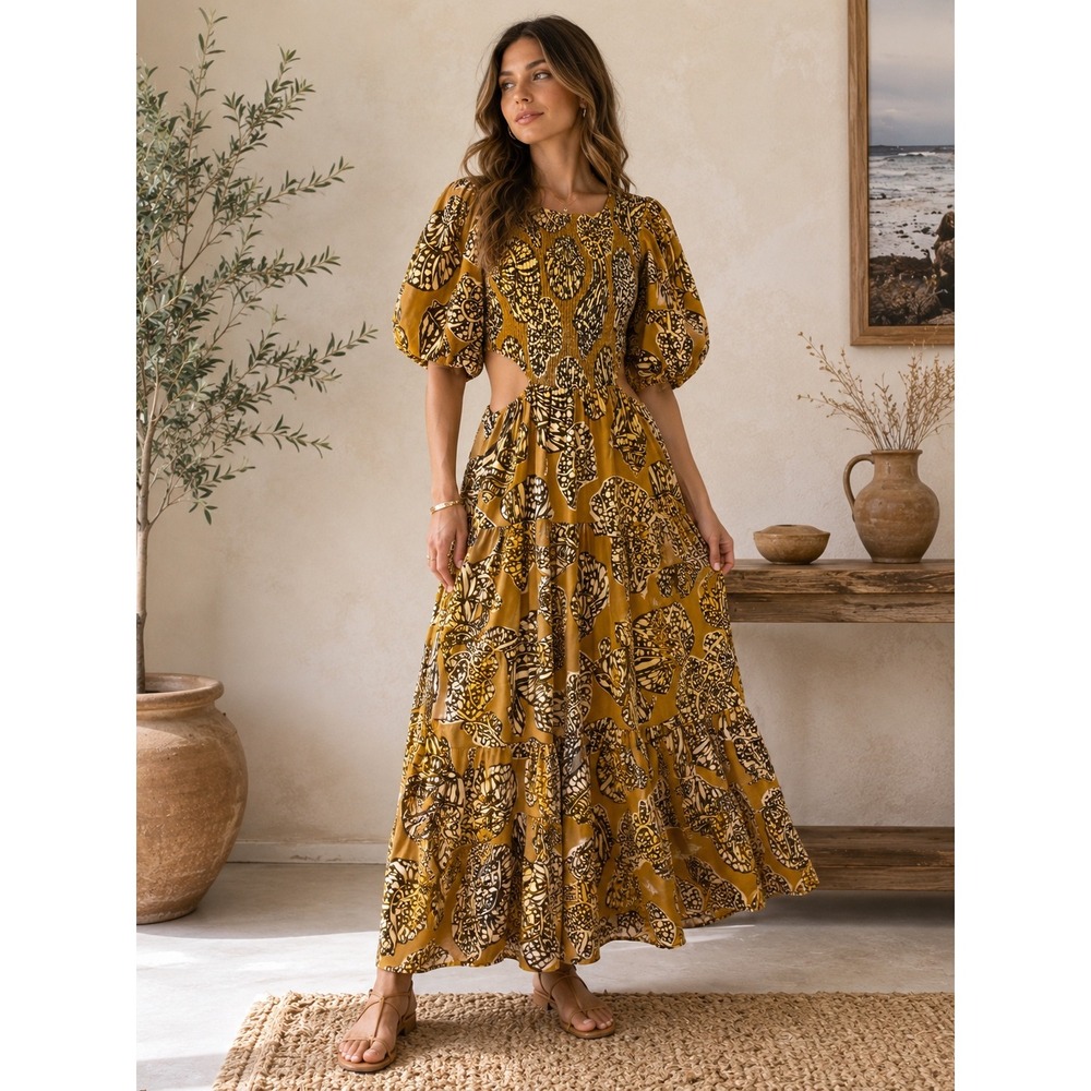 Girl and the Sun Shell Print Smocked Maxi Dress Mustard Yellow XS Trendy Beach